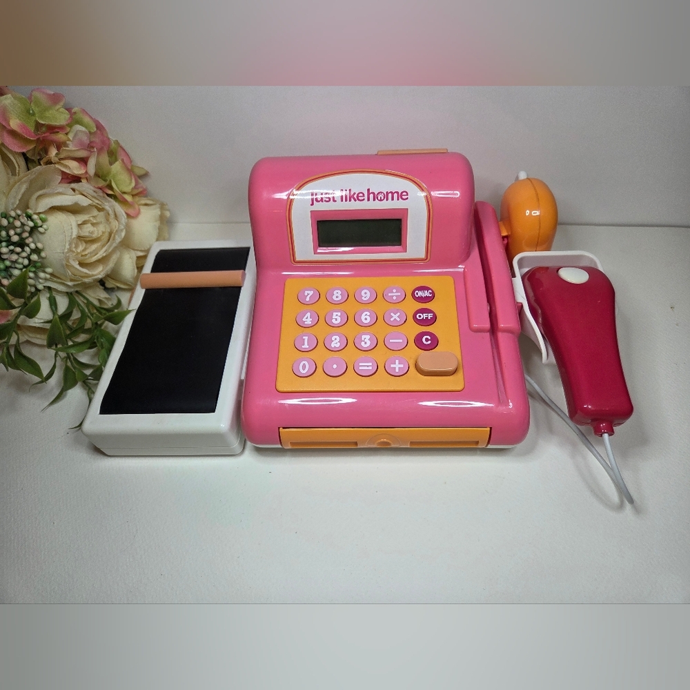 Just Like Home Pink Cash Register Play Set. Grocery Store Pretend Toy.